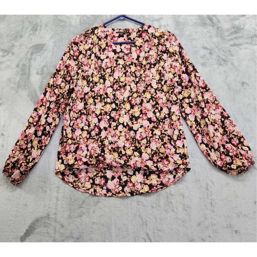T Tahari Top Womens S Black Pink Floral Wrap High Low Hem Flowy Blouse Office‎